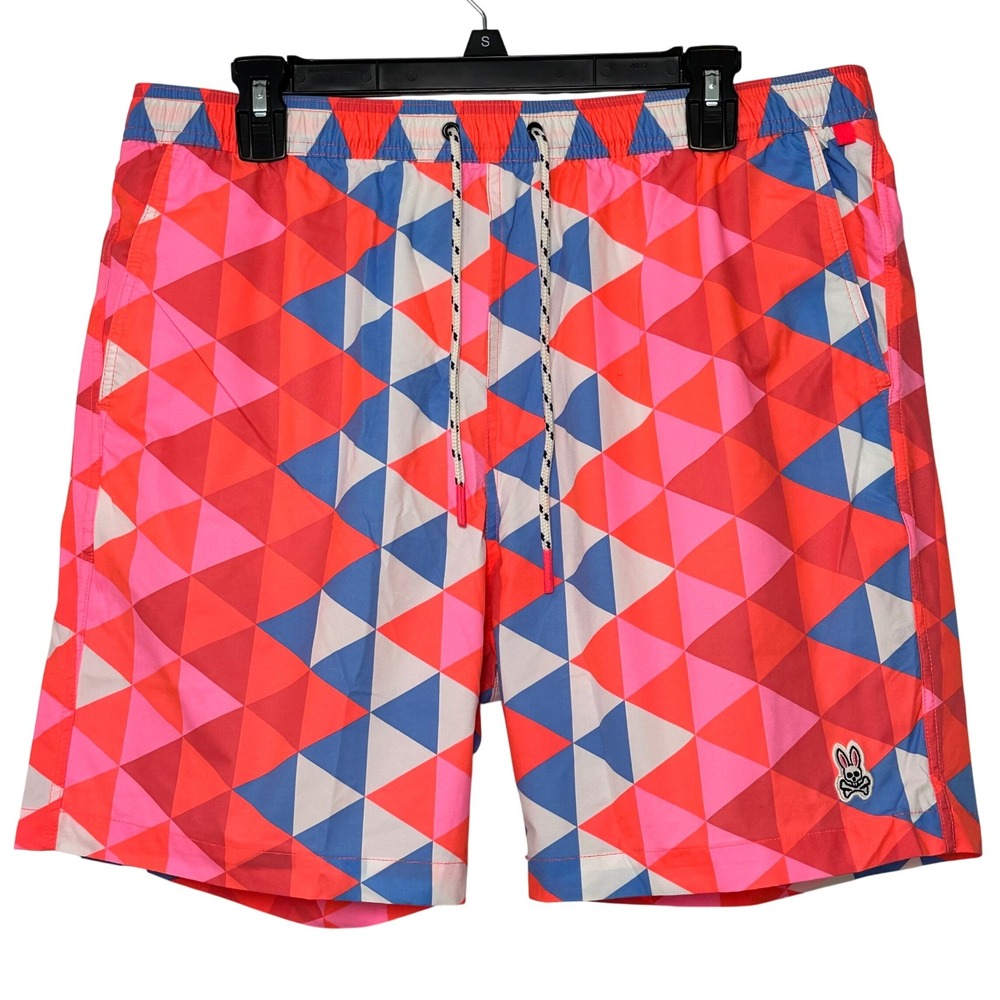 Psycho Bunny Men XL Alexander Varsity Swim Trunks Pink Blue Geometric Mesh Lined
